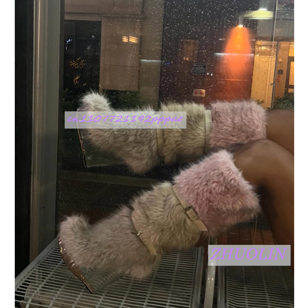 Street Fashion Winter - Sepatu Bot Wedge Transparan Berbulu Musim
