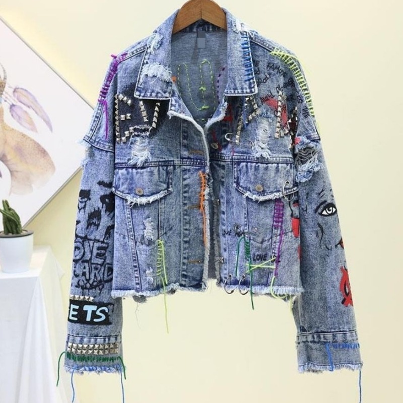 Street Fashion Graffiti - Jaket Pendek Denim Kasual Graffiti Trendi
