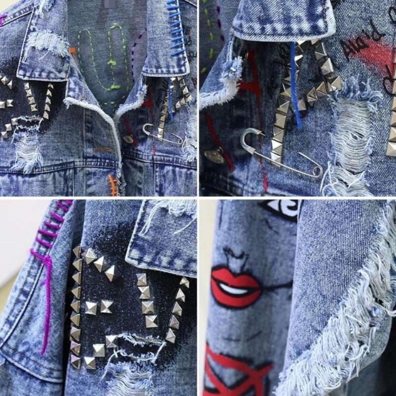 Jaket Pendek Denim Kasual Graf - Street Fashion Graffiti ulasan dan harga